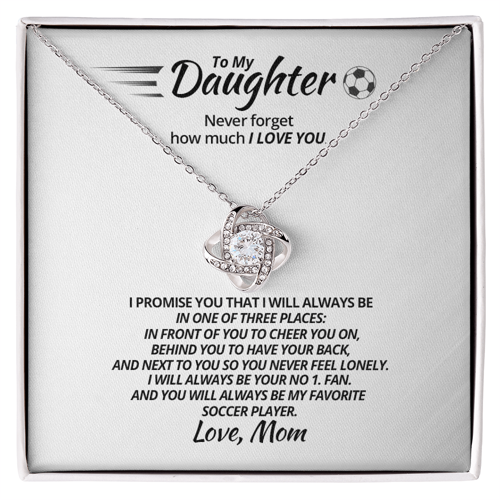 Love Knot Necklace - To My Soccer Daughter, Never Forget, Love Mom (White Card, Black Text) - Athlete's Gift Shop