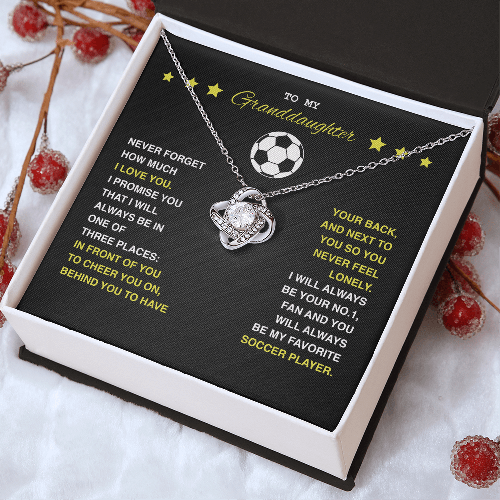 Love Knot Necklace - To My Soccer Granddaughter, Never Forget (Black Card, Yellow Text) - Athlete's Gift Shop