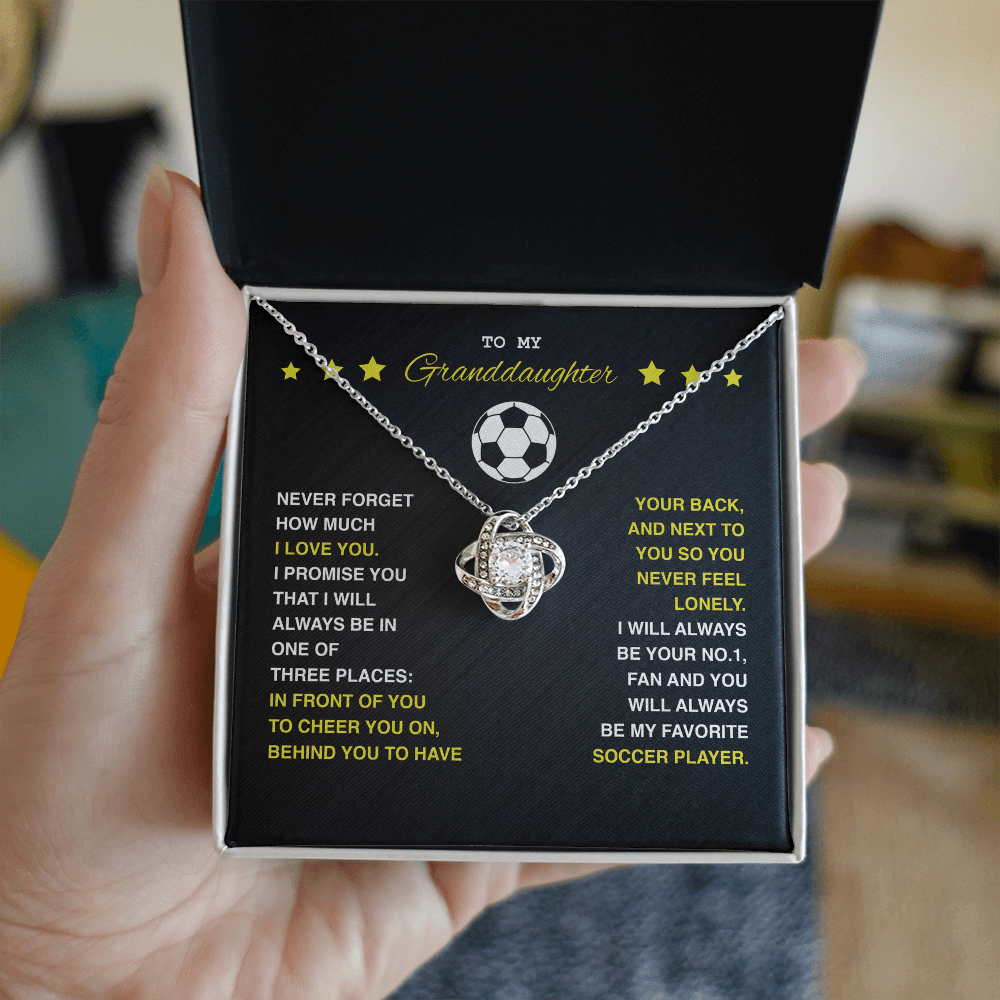 Love Knot Necklace - To My Soccer Granddaughter, Never Forget (Black Card, Yellow Text) - Athlete's Gift Shop