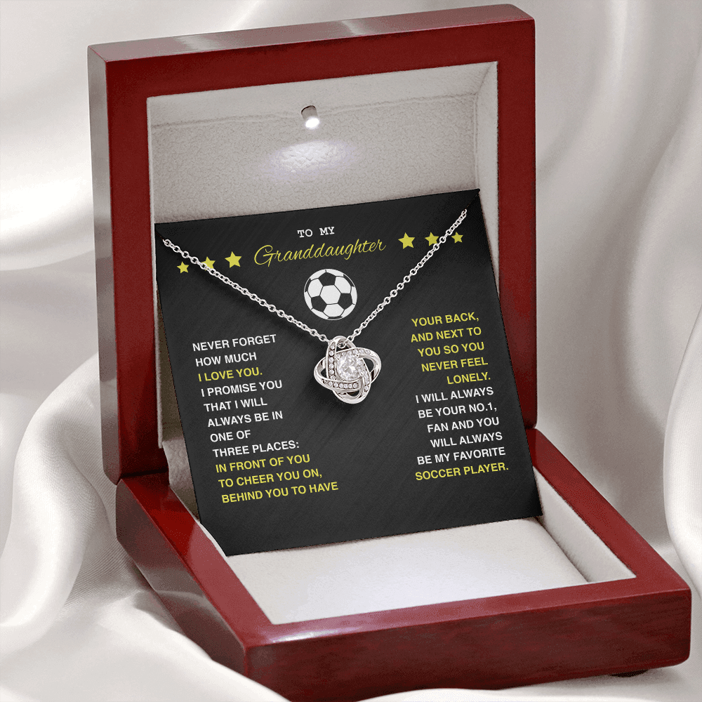 Love Knot Necklace - To My Soccer Granddaughter, Never Forget (Black Card, Yellow Text) - Athlete's Gift Shop