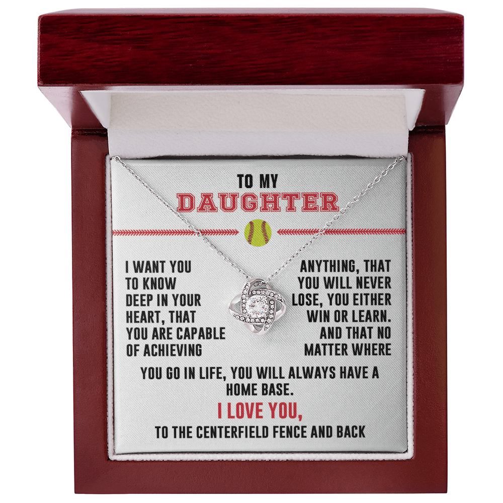 Love Knot Necklace - To my Softball Daughter, Achieve Anything, (White Card, Black, Red Text) - Athlete's Gift Shop