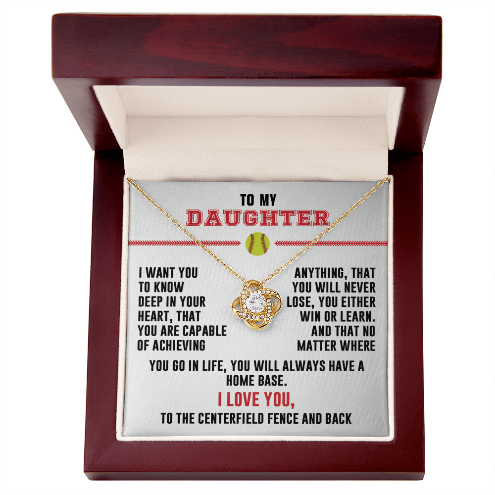 Love Knot Necklace - To my Softball Daughter, Achieve Anything, (White Card, Black, Red Text) - Athlete's Gift Shop