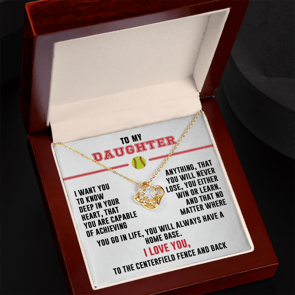 Love Knot Necklace - To my Softball Daughter, Achieve Anything, (White Card, Black, Red Text) - Athlete's Gift Shop