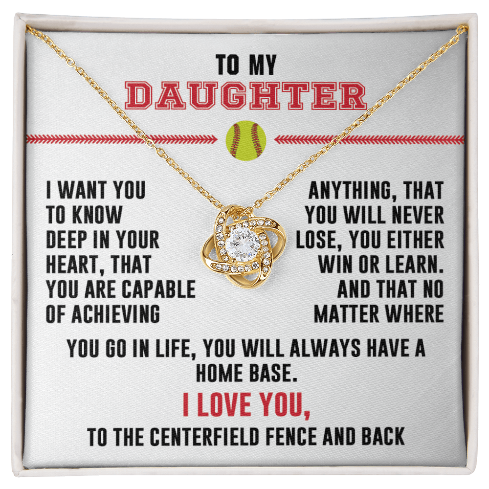 Love Knot Necklace - To my Softball Daughter, Achieve Anything, (White Card, Black, Red Text) - Athlete's Gift Shop