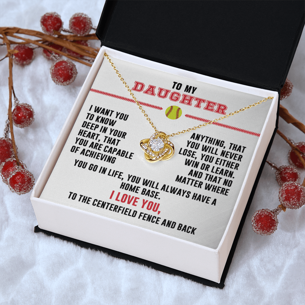 Love Knot Necklace - To my Softball Daughter, Achieve Anything, (White Card, Black, Red Text) - Athlete's Gift Shop