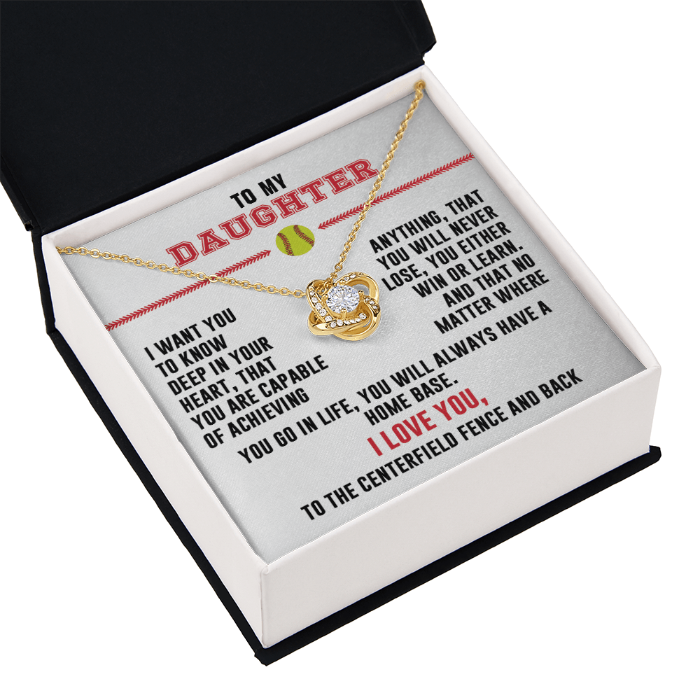 Love Knot Necklace - To my Softball Daughter, Achieve Anything, (White Card, Black, Red Text) - Athlete's Gift Shop