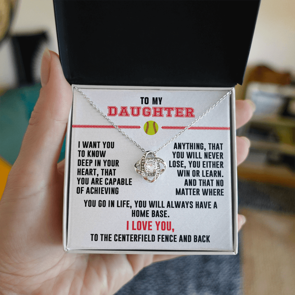 Love Knot Necklace - To my Softball Daughter, Achieve Anything, (White Card, Black, Red Text) - Athlete's Gift Shop