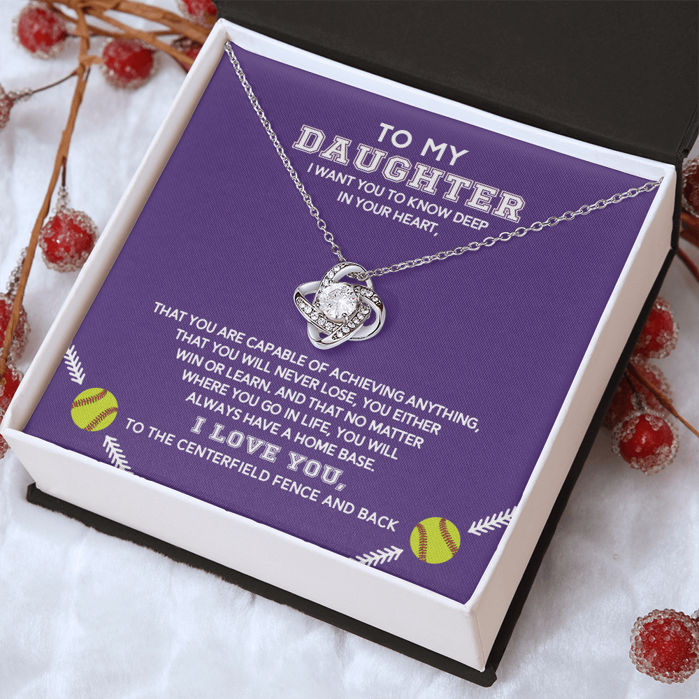 Love Knot Necklace - To My Softball Daughter, Want You to Know (Purple background) - Athlete's Gift Shop