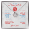 Love Knot Necklace - To My Volleyball Daughter, 1 Fan, Love Mom (White Card, Red, Blue Text) - Athlete's Gift Shop