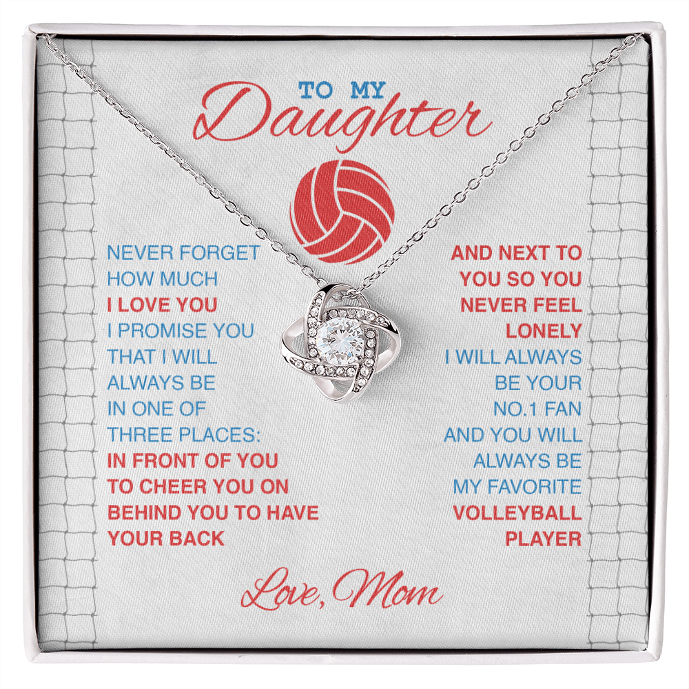 Love Knot Necklace - To My Volleyball Daughter, 1 Fan, Love Mom (White Card, Red, Blue Text) - Athlete's Gift Shop