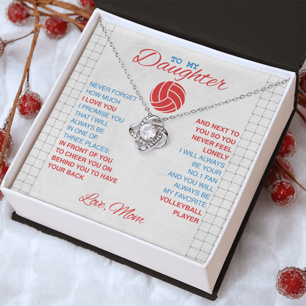 Love Knot Necklace - To My Volleyball Daughter, 1 Fan, Love Mom (White Card, Red, Blue Text) - Athlete's Gift Shop
