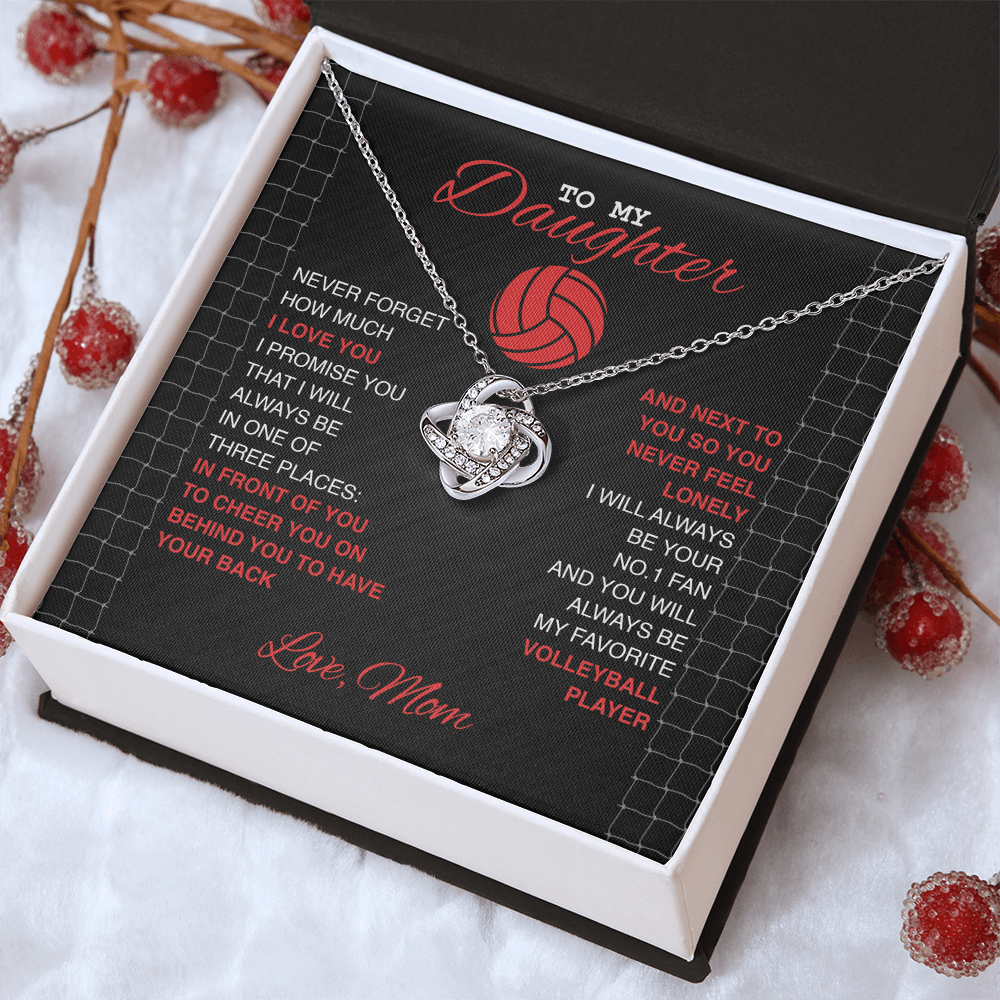 Love Knot Necklace - To my Volleyball Daughter, Never Forget, Love Mom (Black Card, Red White Text) - Athlete's Gift Shop