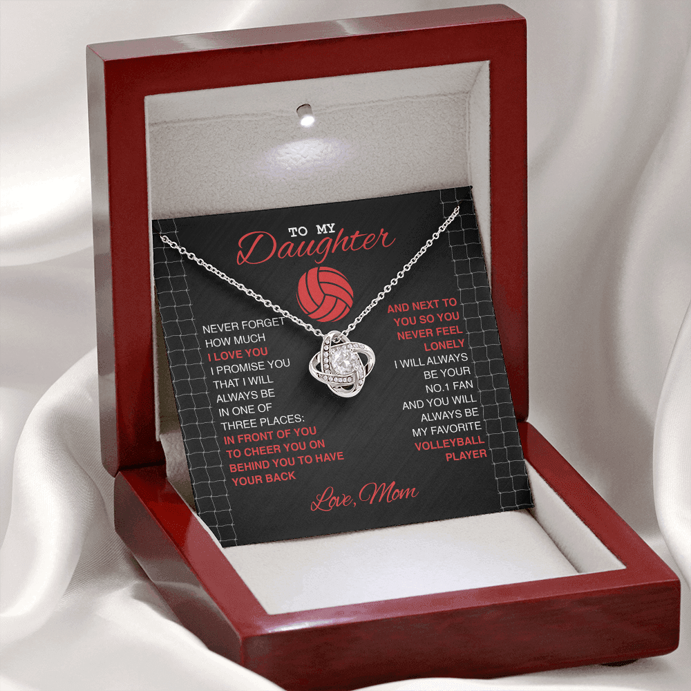Love Knot Necklace - To my Volleyball Daughter, Never Forget, Love Mom (Black Card, Red White Text) - Athlete's Gift Shop