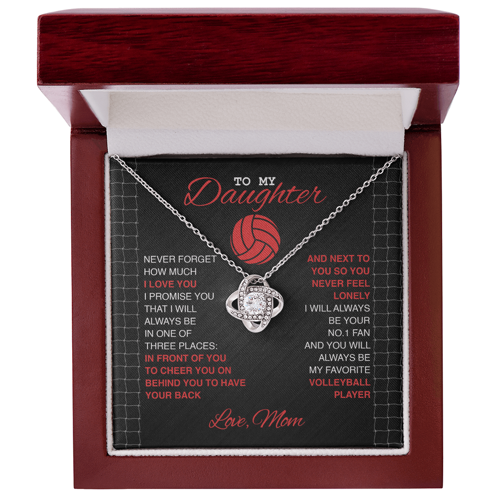 Love Knot Necklace - To my Volleyball Daughter, Never Forget, Love Mom (Black Card, Red White Text) - Athlete's Gift Shop