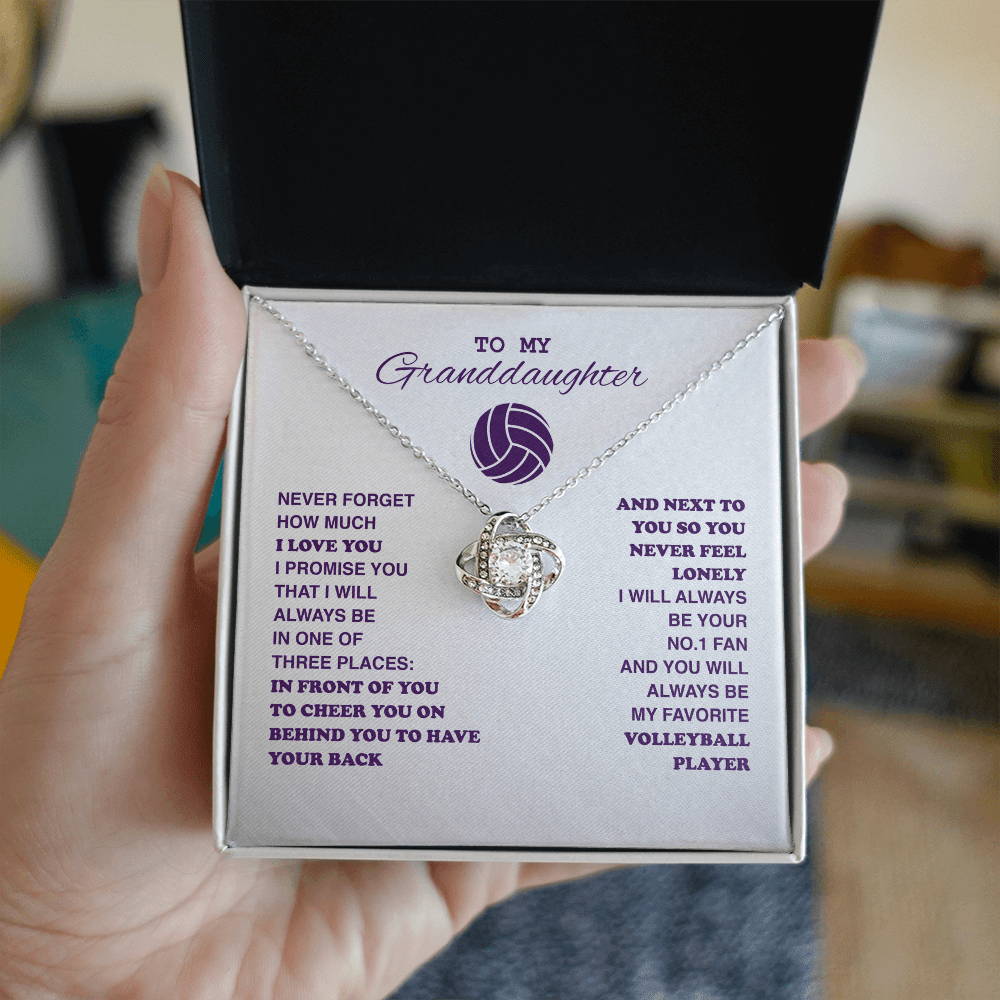 Love Knot Necklace - To my Volleyball Granddaughter, Never Forget (White Card, Purple Text) - Athlete's Gift Shop