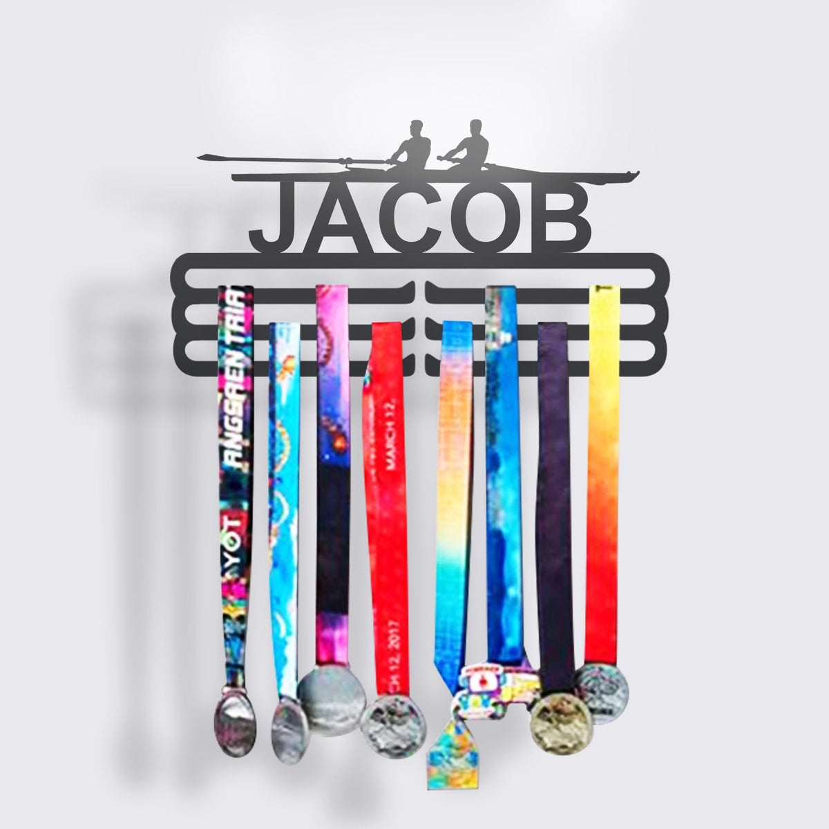 Personalized Rowing Medal Hanger, alternate view of the custom steel medal display — Athlete's Gift Shop