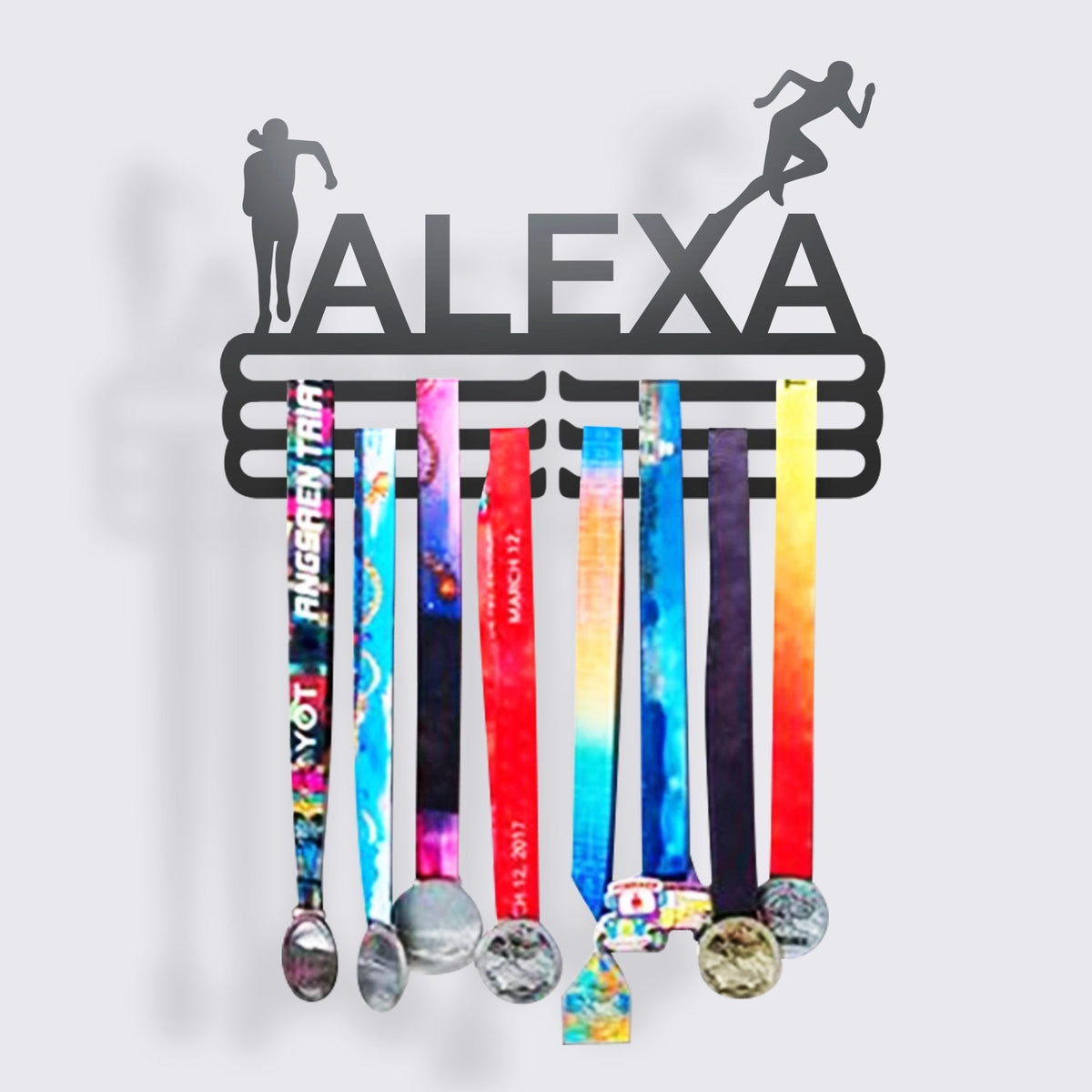 Personalized Track & Field Medal Hanger, alternate view of the custom steel medal display — Athlete's Gift Shop