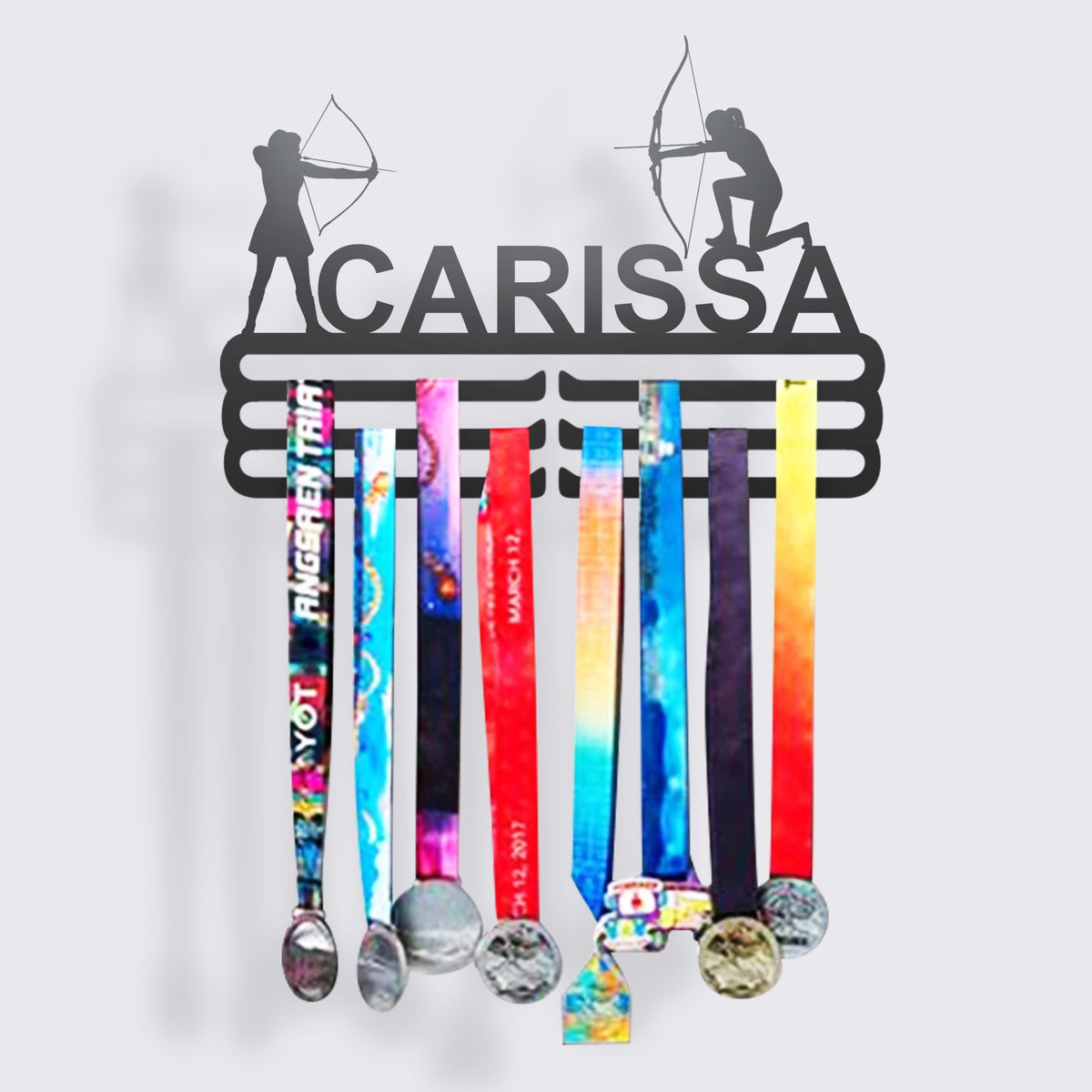 Personalized Archery Medal Hanger in matte black steel with a custom name — Athlete's Gift Shop
