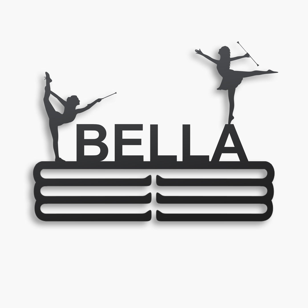 Personalized Baton Twirling Medal Hanger in matte black steel with a custom name — Athlete's Gift Shop