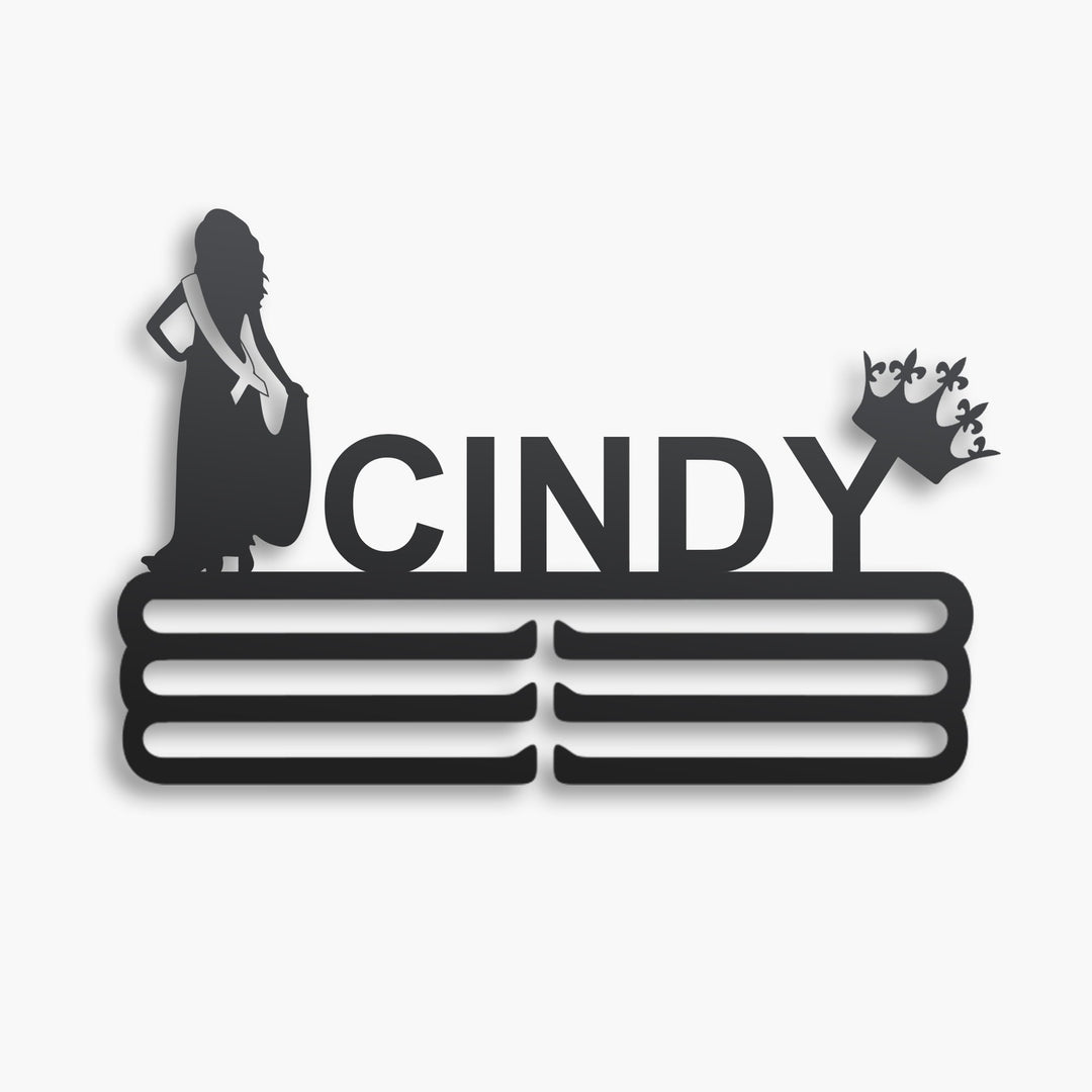 Personalized Beauty Pageant Medal and Crown Hanger in matte black steel with a custom name — Athlete's Gift Shop