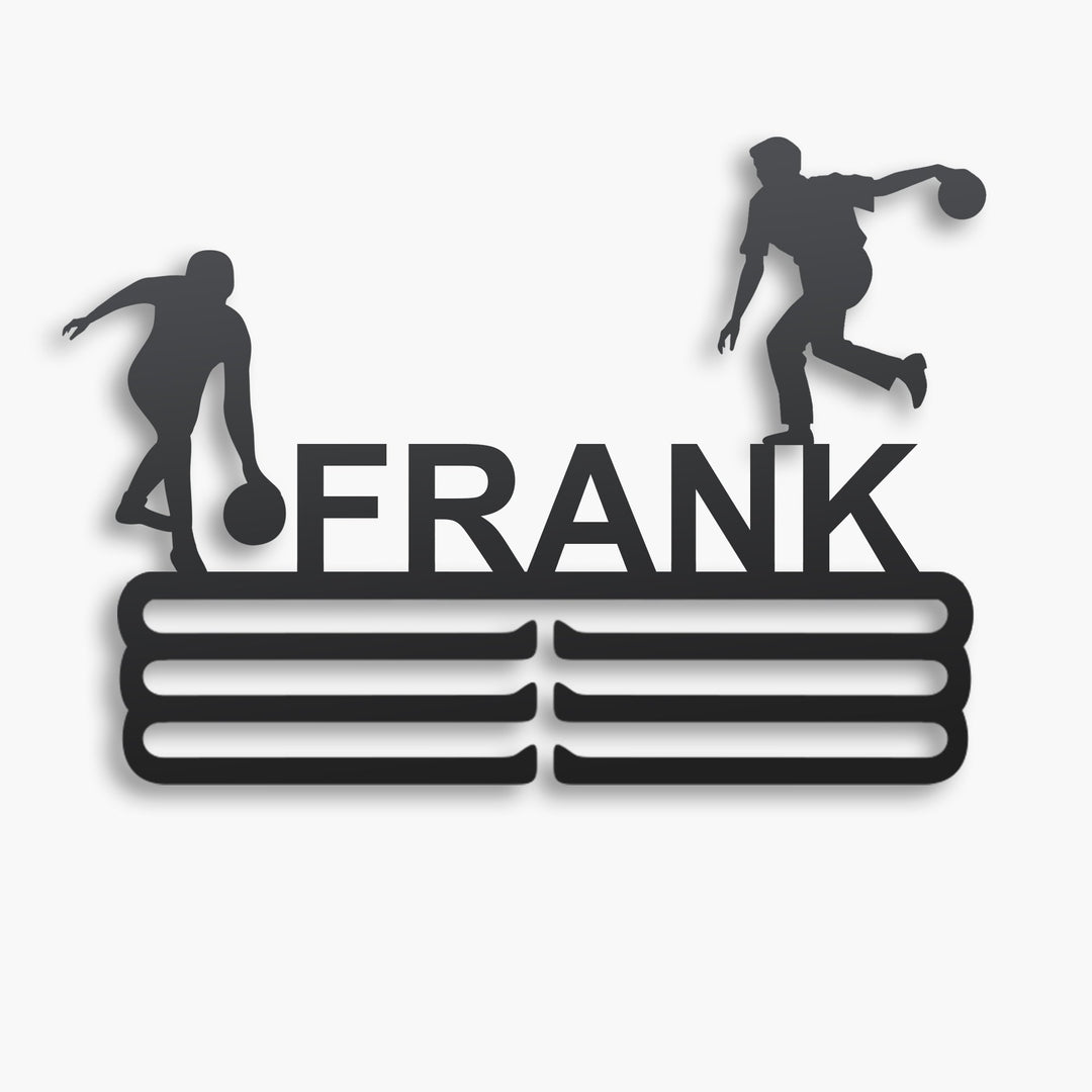 Personalized Bowling Medal Hanger in matte black steel with a custom name — Athlete's Gift Shop