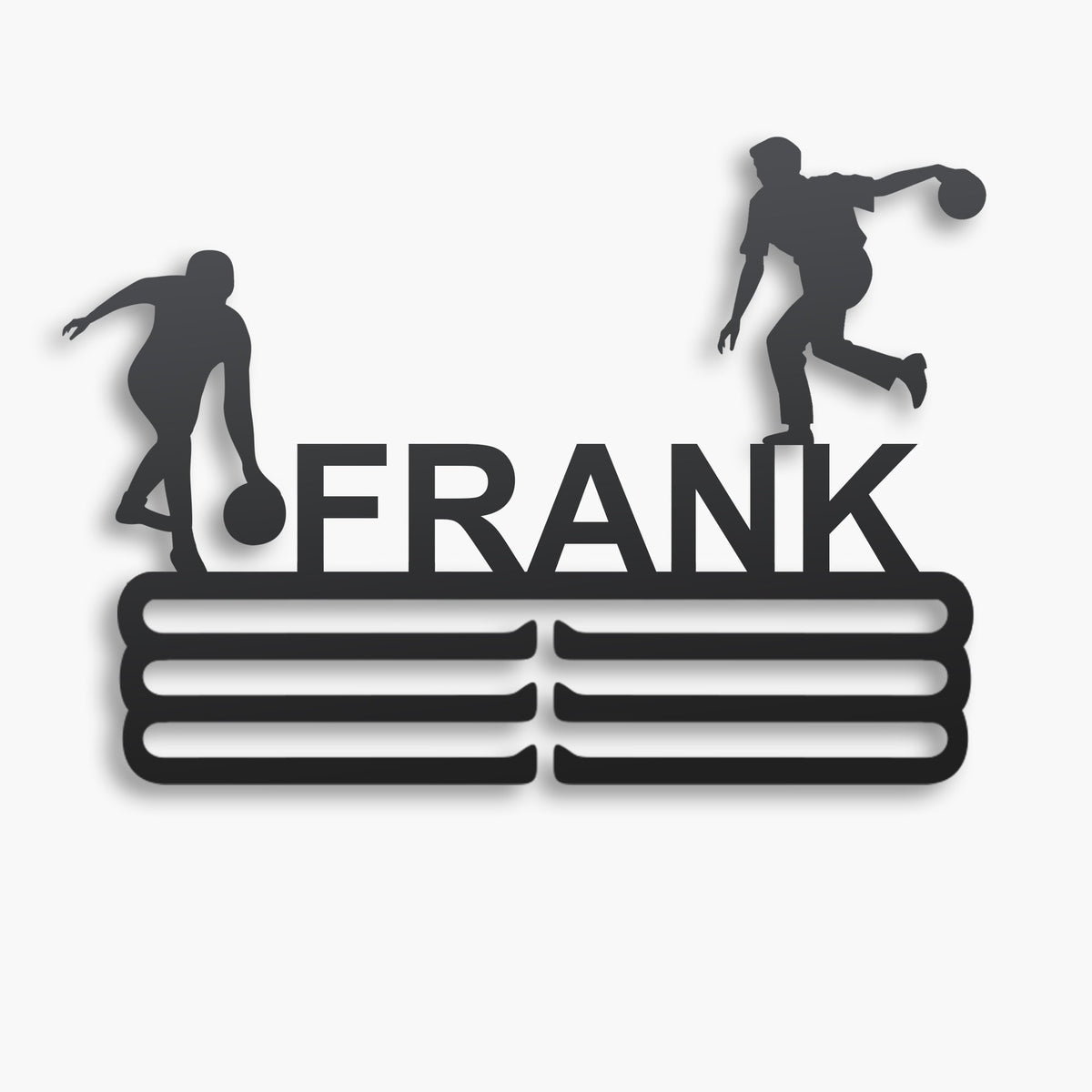 Personalized Bowling Medal Hanger in matte black steel with a custom name — Athlete's Gift Shop