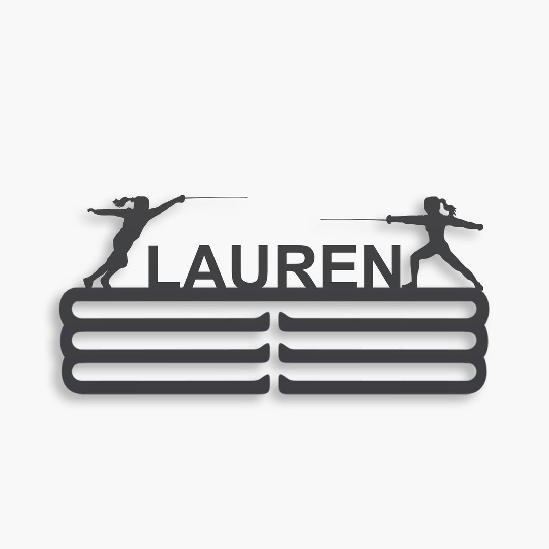 Personalized Fencing Medal Hanger in matte black steel with a custom name — Athlete's Gift Shop