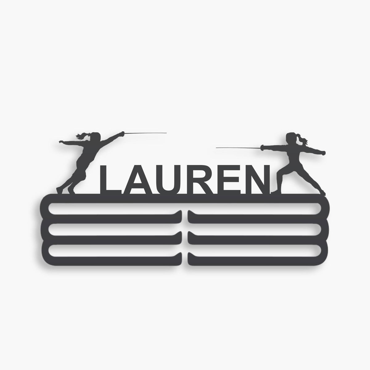 Personalized Fencing Medal Hanger in matte black steel with a custom name — Athlete's Gift Shop