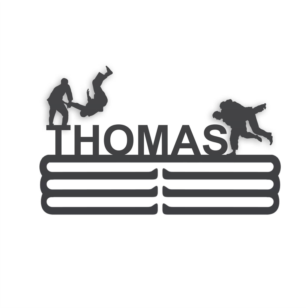 Personalized Judo Medal Hanger in matte black steel with a custom name — Athlete's Gift Shop