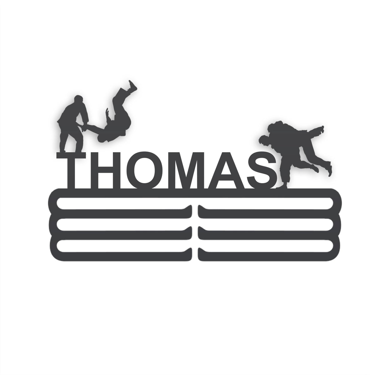 Personalized Judo Medal Hanger in matte black steel with a custom name — Athlete's Gift Shop