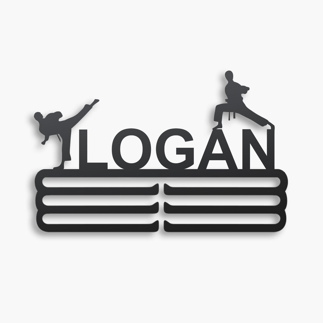 Personalized Karate Medal Hanger in matte black steel with a custom name — Athlete's Gift Shop
