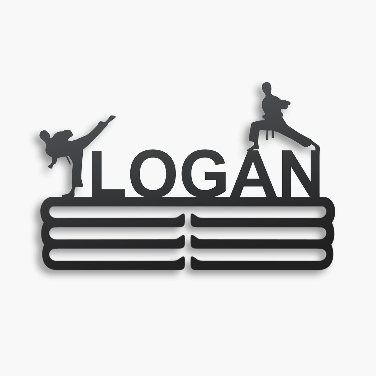 Personalized Karate Medal Hanger in matte black steel with a custom name — Athlete's Gift Shop