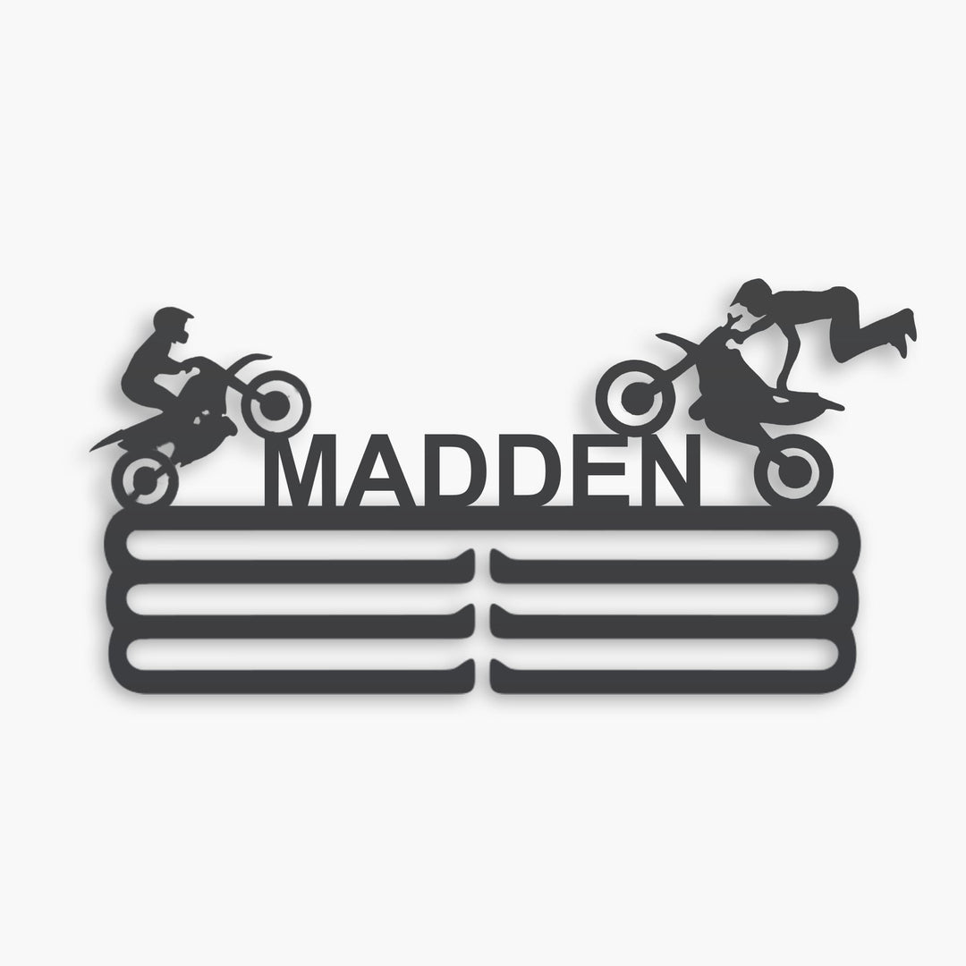 Personalized Motocross Medal Hanger in matte black steel with a custom name — Athlete's Gift Shop