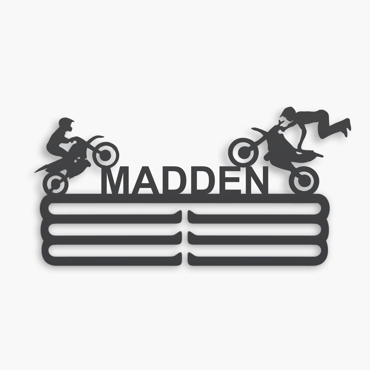 Personalized Motocross Medal Hanger in matte black steel with a custom name — Athlete's Gift Shop