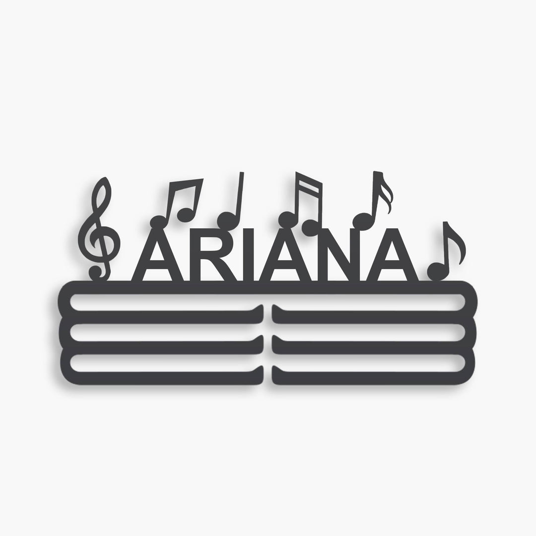 Personalized Music Medal Hanger in matte black steel with a custom name — Athlete's Gift Shop