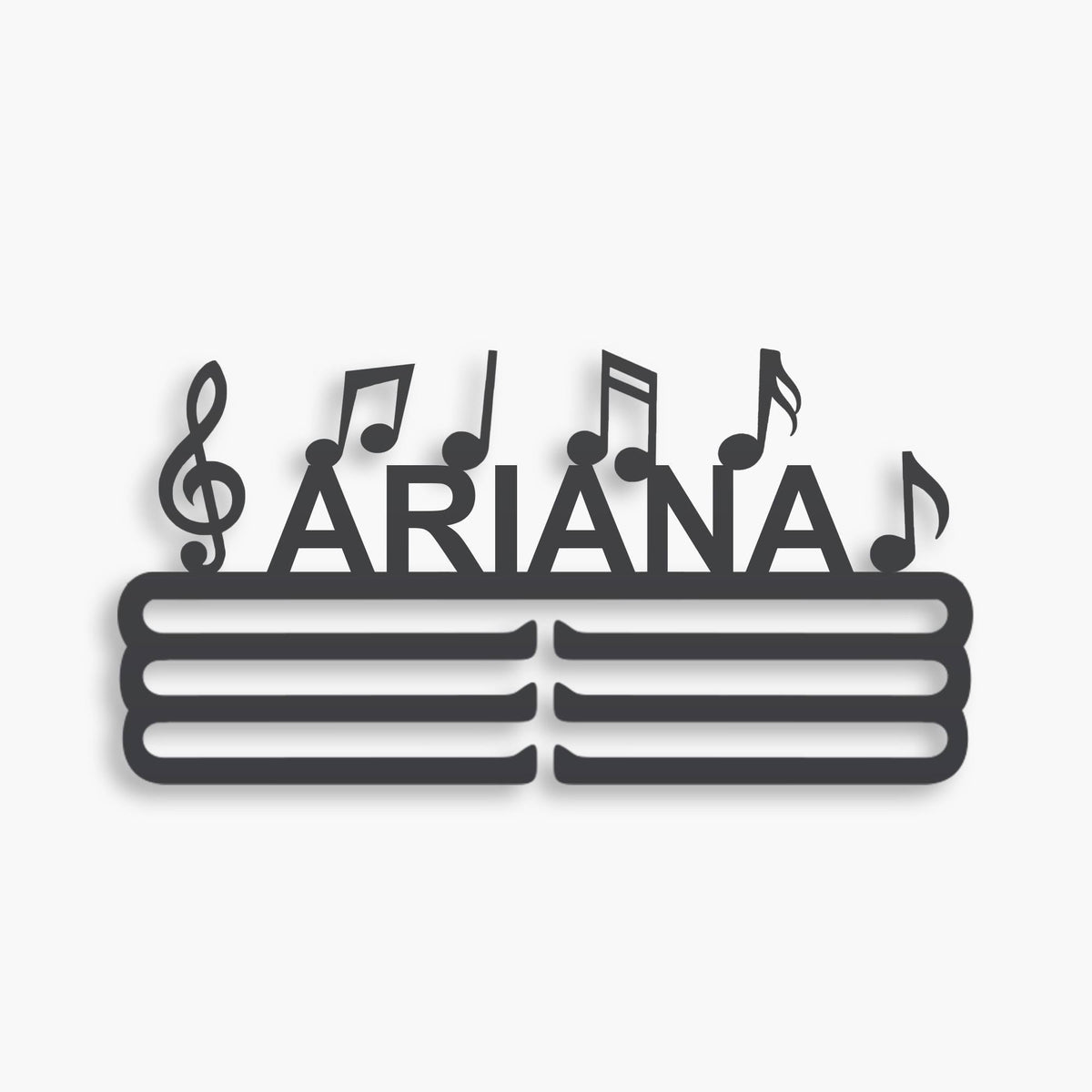Personalized Music Medal Hanger in matte black steel with a custom name — Athlete's Gift Shop
