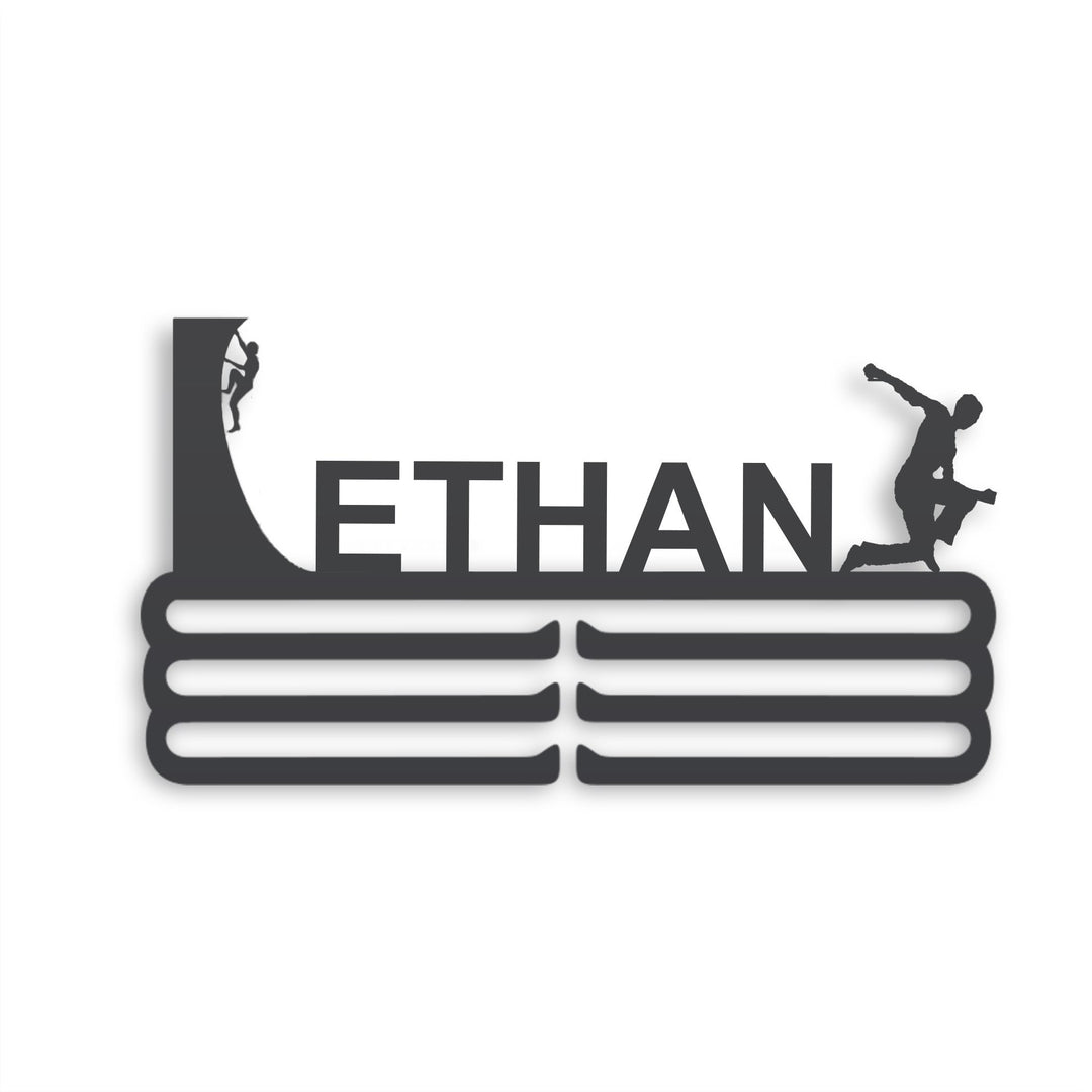 Personalized Ninja Warrior Medal Hanger in matte black steel with a custom name — Athlete's Gift Shop