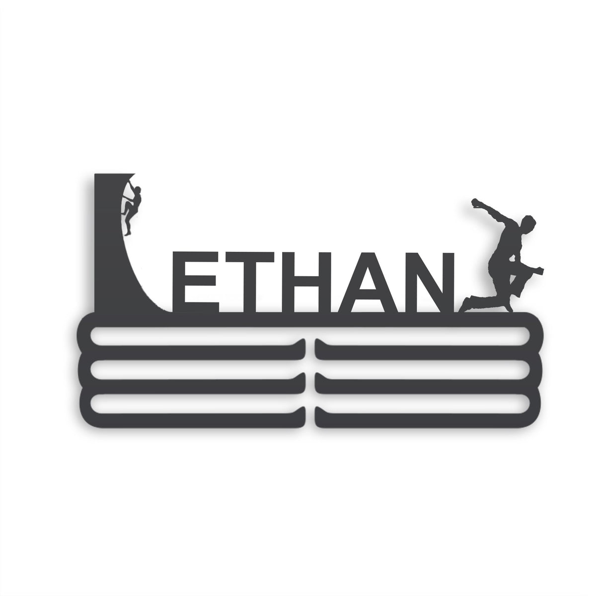 Personalized Ninja Warrior Medal Hanger in matte black steel with a custom name — Athlete's Gift Shop
