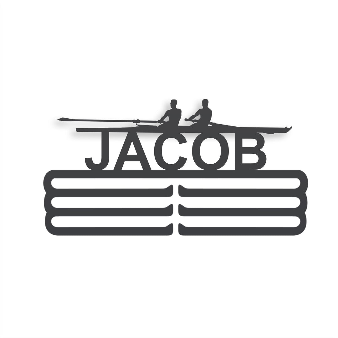 Personalized Rowing Medal Hanger in matte black steel with a custom name — Athlete's Gift Shop