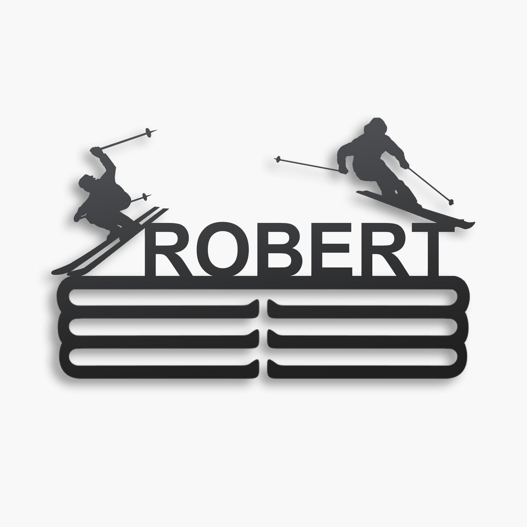 Personalized Skiing Medal Hanger in matte black steel with a custom name — Athlete's Gift Shop