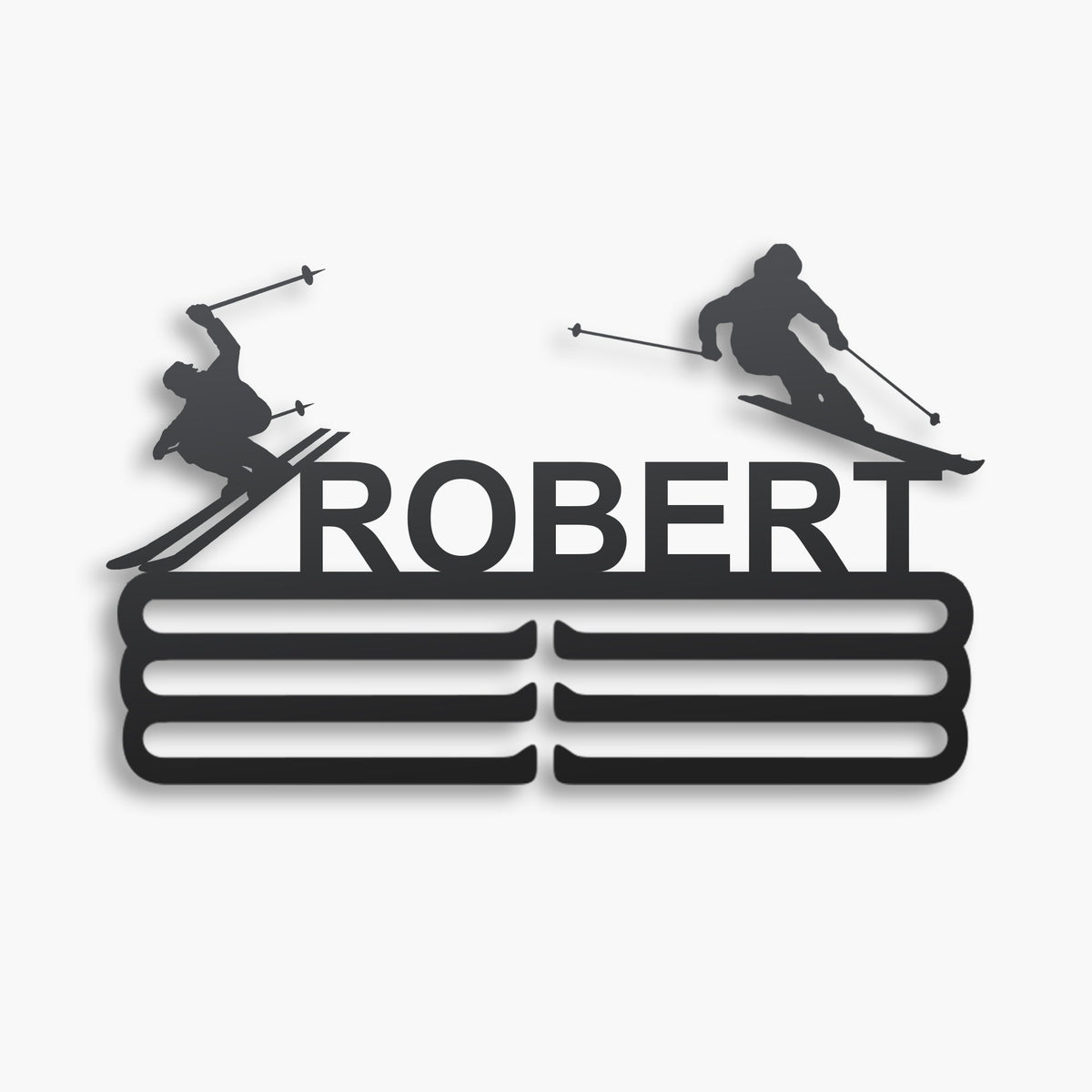 Personalized Skiing Medal Hanger in matte black steel with a custom name — Athlete's Gift Shop