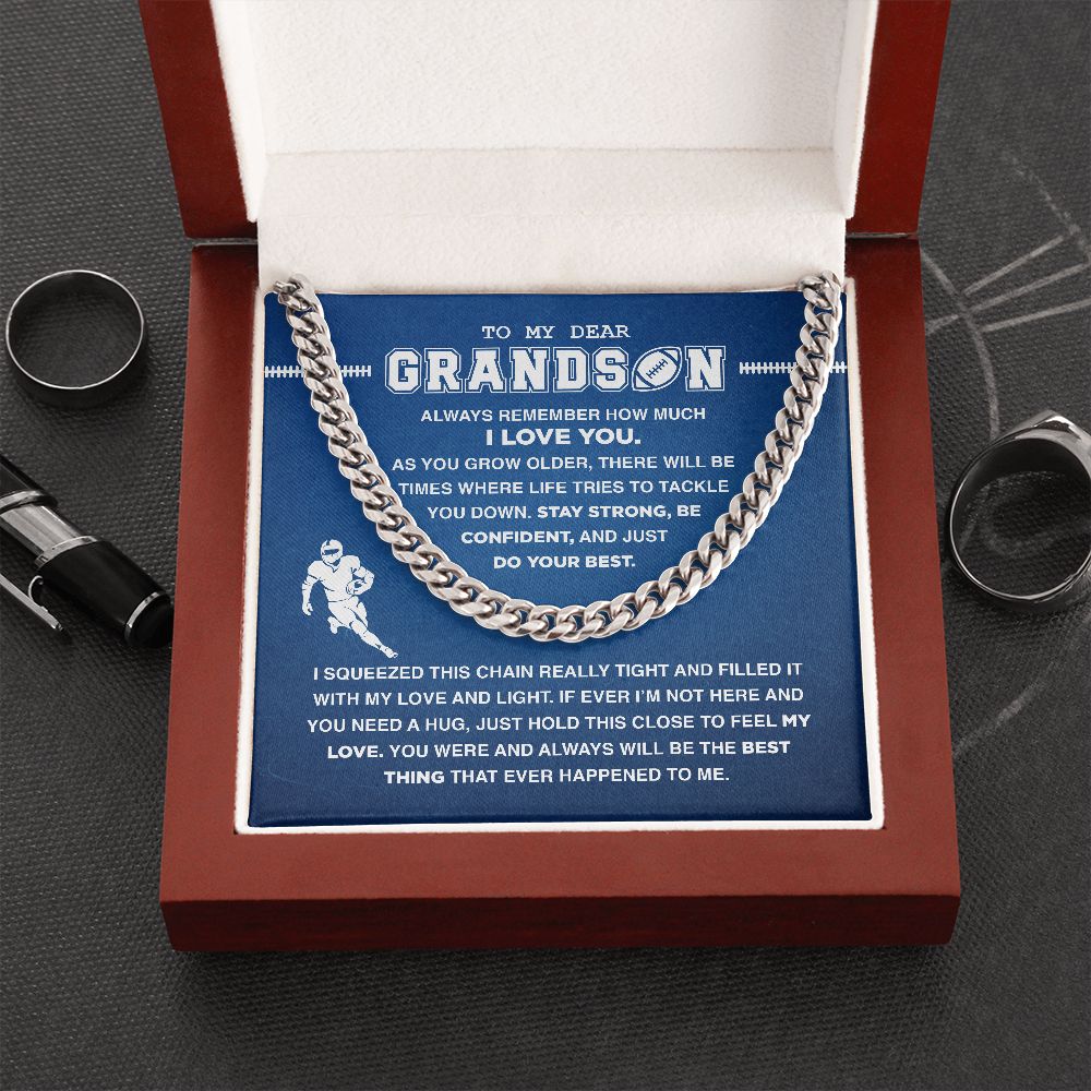 To My Dear Grandson Football - Cuban Link Necklace - Athlete's Gift Shop