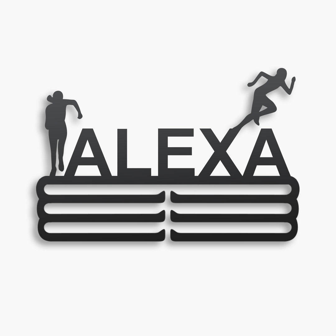 Personalized Track & Field Medal Hanger in matte black steel with a custom name — Athlete's Gift Shop