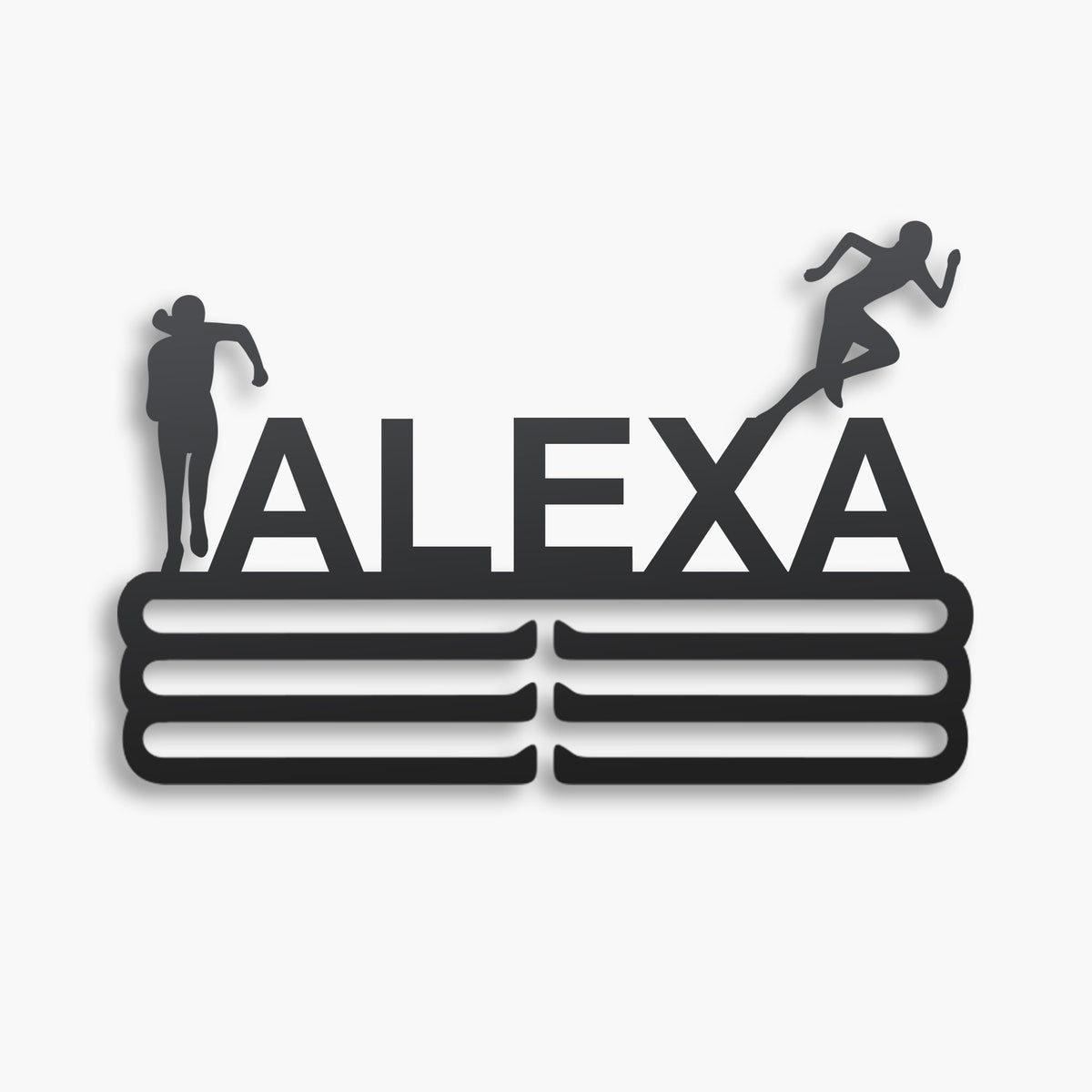 Personalized Track & Field Medal Hanger in matte black steel with a custom name — Athlete's Gift Shop