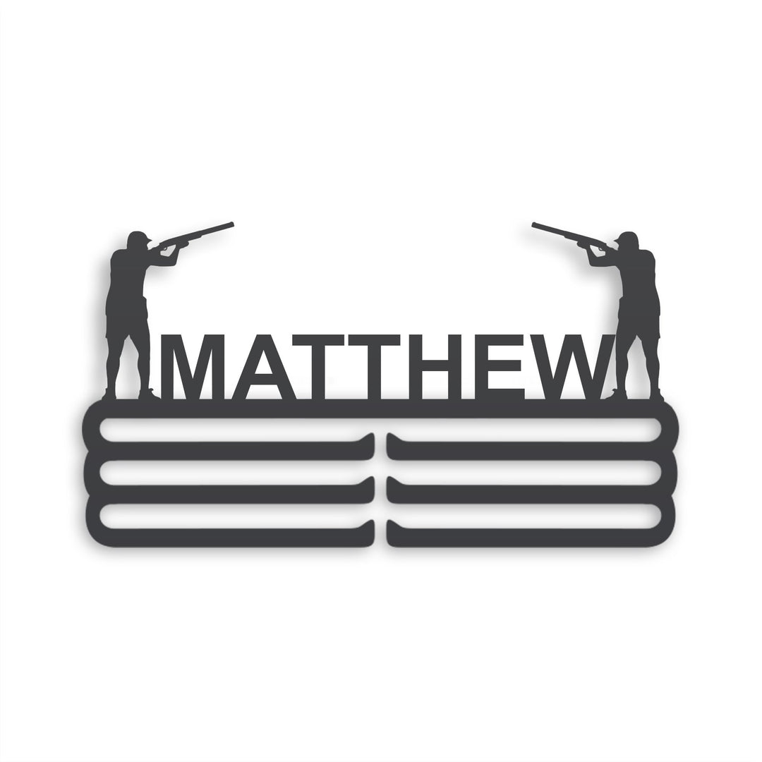 Personalized Trap and Skeet Shooting Medal Hanger in matte black steel with a custom name — Athlete's Gift Shop