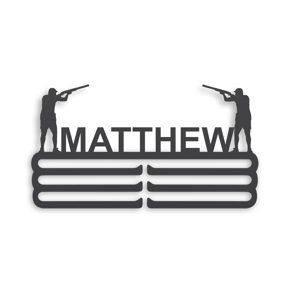 Personalized Trap and Skeet Shooting Medal Hanger in matte black steel with a custom name — Athlete's Gift Shop